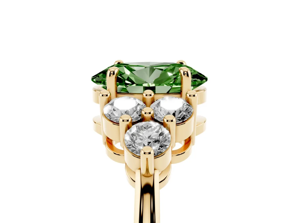 Fancy Green Oval Cut Brilliant Diamond Cluster Accent Solitaire Ring with Prong Setting Yellow gold