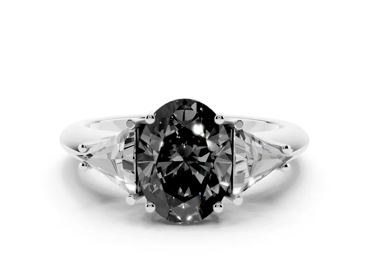 Fancy Black Three-Stone Oval Cut Diamond Engagement Ring with Trillion Side Stones and Prong Setting Silver