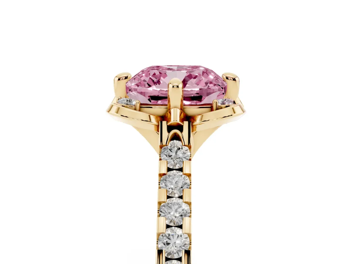 Fancy Pink Cushion Cut Diamond Ring with Pavé Band and Floral Prong Setting Yellow gold