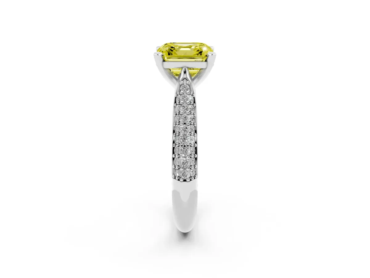 Fancy Yellow Asscher Cut Diamond Solitaire Engagement Ring with Multi-Row Round Pavé Band and Prong Setting White gold