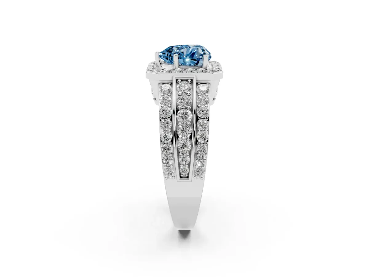 Fancy Blue Heart Cut Halo Diamond Ring with Round Split Shank and Prong Setting Silver
