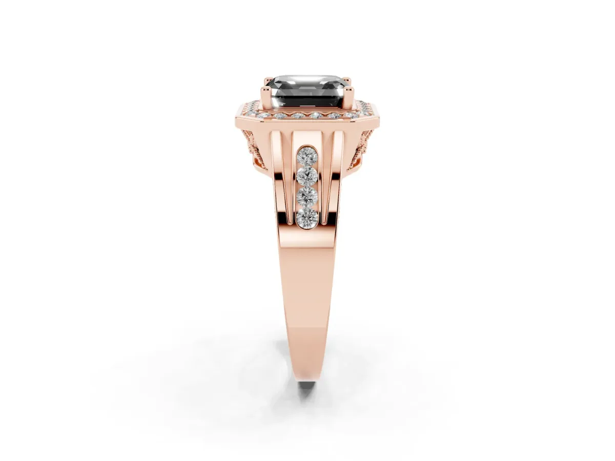 Fancy Black Asscher Cut Diamond Halo Ring with Split Shank and Bezel Accents and Prong Setting Rose gold