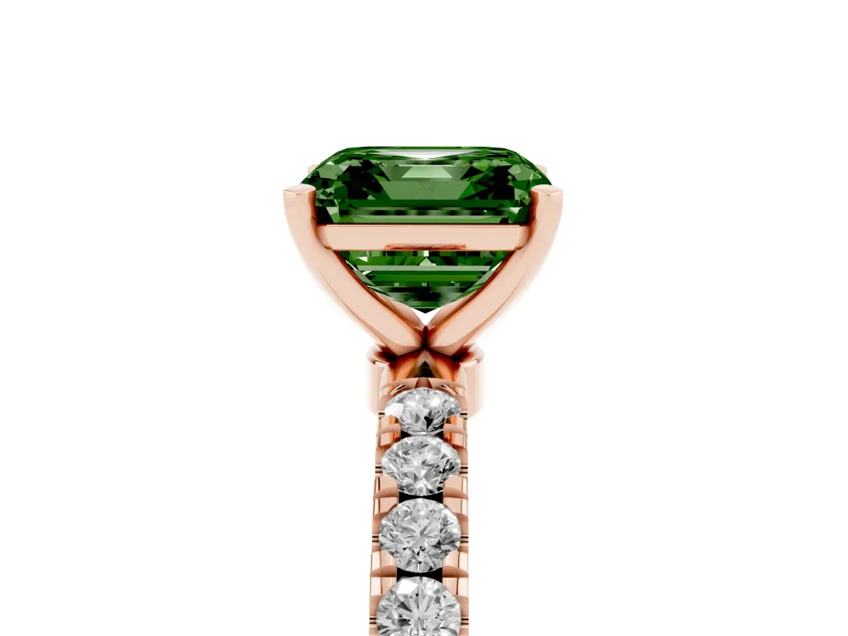 Fancy Green Asscher Cut Diamond Solitaire Ring with Pavé Accents and Four-Prong Setting Rose gold