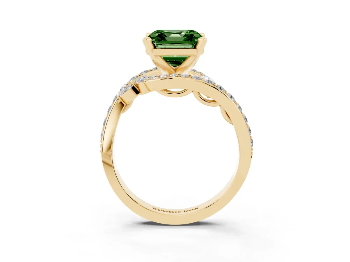 Fancy Green Asscher Cut Solitaire with Pavé Twist Band and Four-Prong Setting Yellow gold