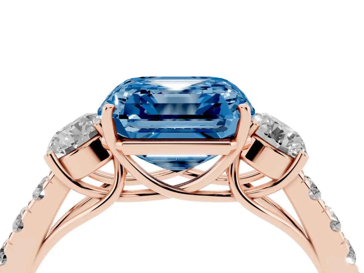 Fancy Blue Asscher Cut Cut Diamond Three-Stone Ring with Round Side Stones and Pavé Band Rose gold