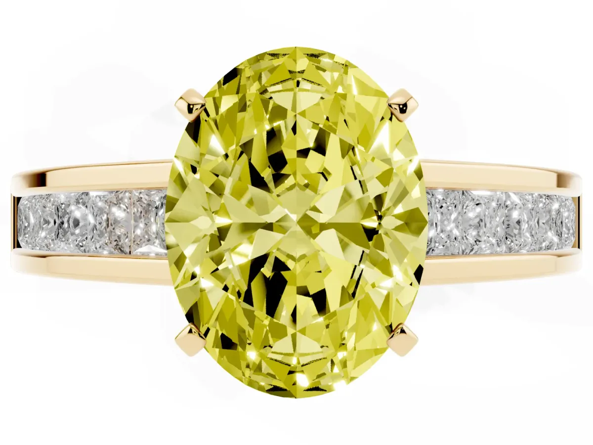 Fancy Yellow Oval Cut Solitaire Diamond Ring with Channel-Set Band and Four-Prong Setting Yellow gold