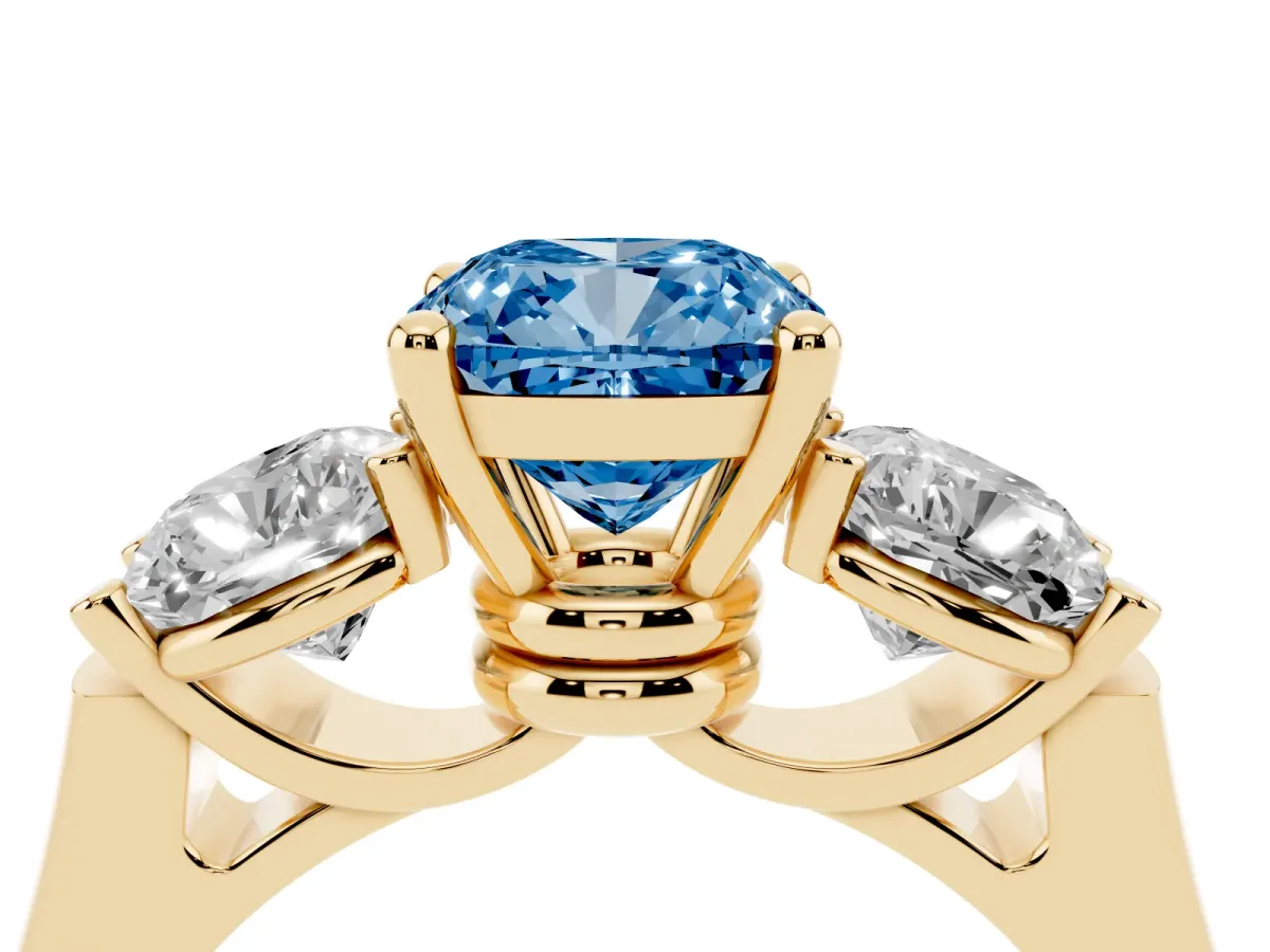 Fancy Blue Three-Stone Cushion Cut Brilliant Diamond Trellis Ring with Comfort Fit Band Yellow gold