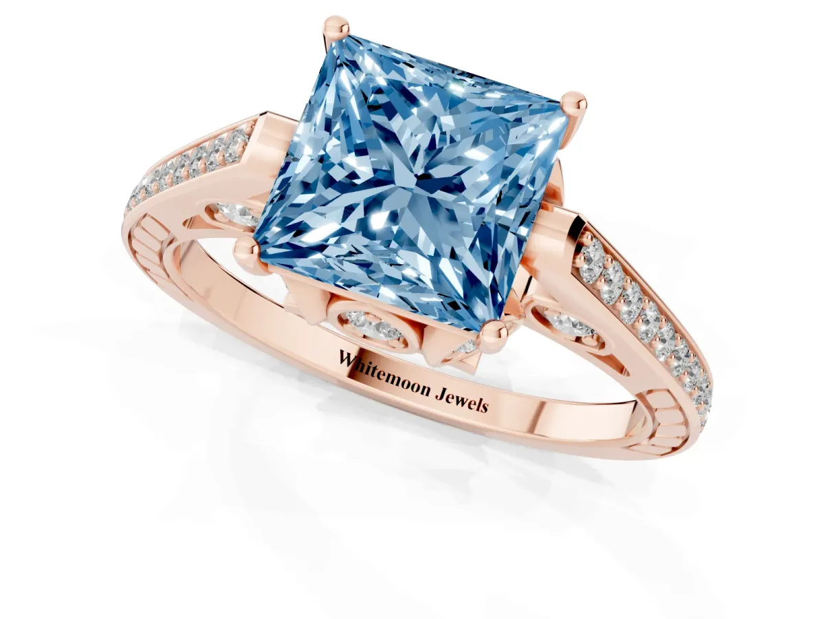 Fancy Blue Princess Cut Cut Cathedral Pave Diamond Engagement Ring with Six-Prong Setting Rose gold
