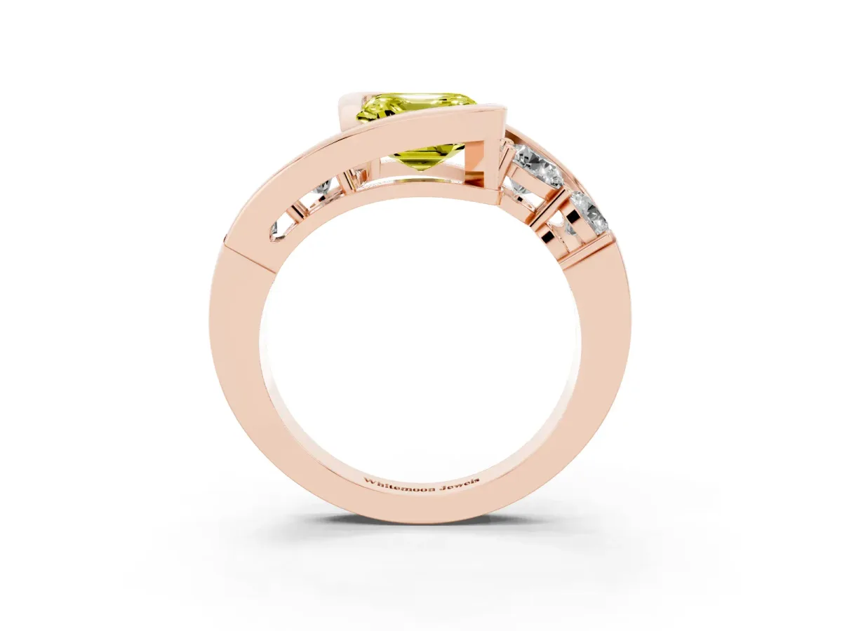 Fancy Yellow Bezel Set Asscher Cut Diamond Bypass Ring with Round Accents Rose gold