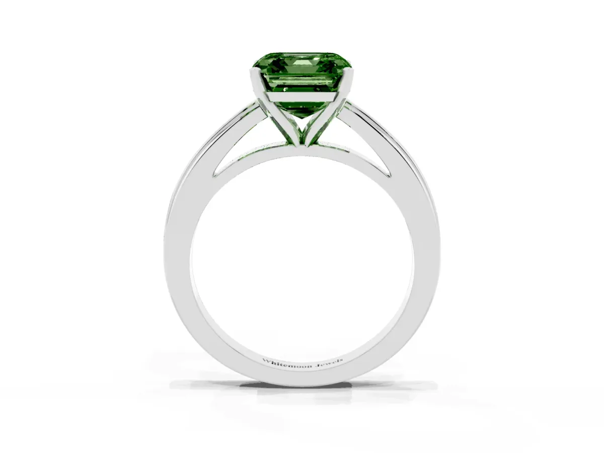 Fancy Green Asscher Cut Solitaire Diamond Ring with Four-Prong Setting and Classic Band Platinum