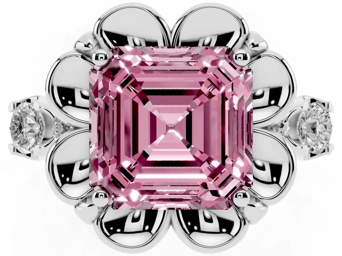 Fancy Pink Asscher Cut Cut Diamond Floral Halo Engagement Ring with Shared Prong Setting Silver