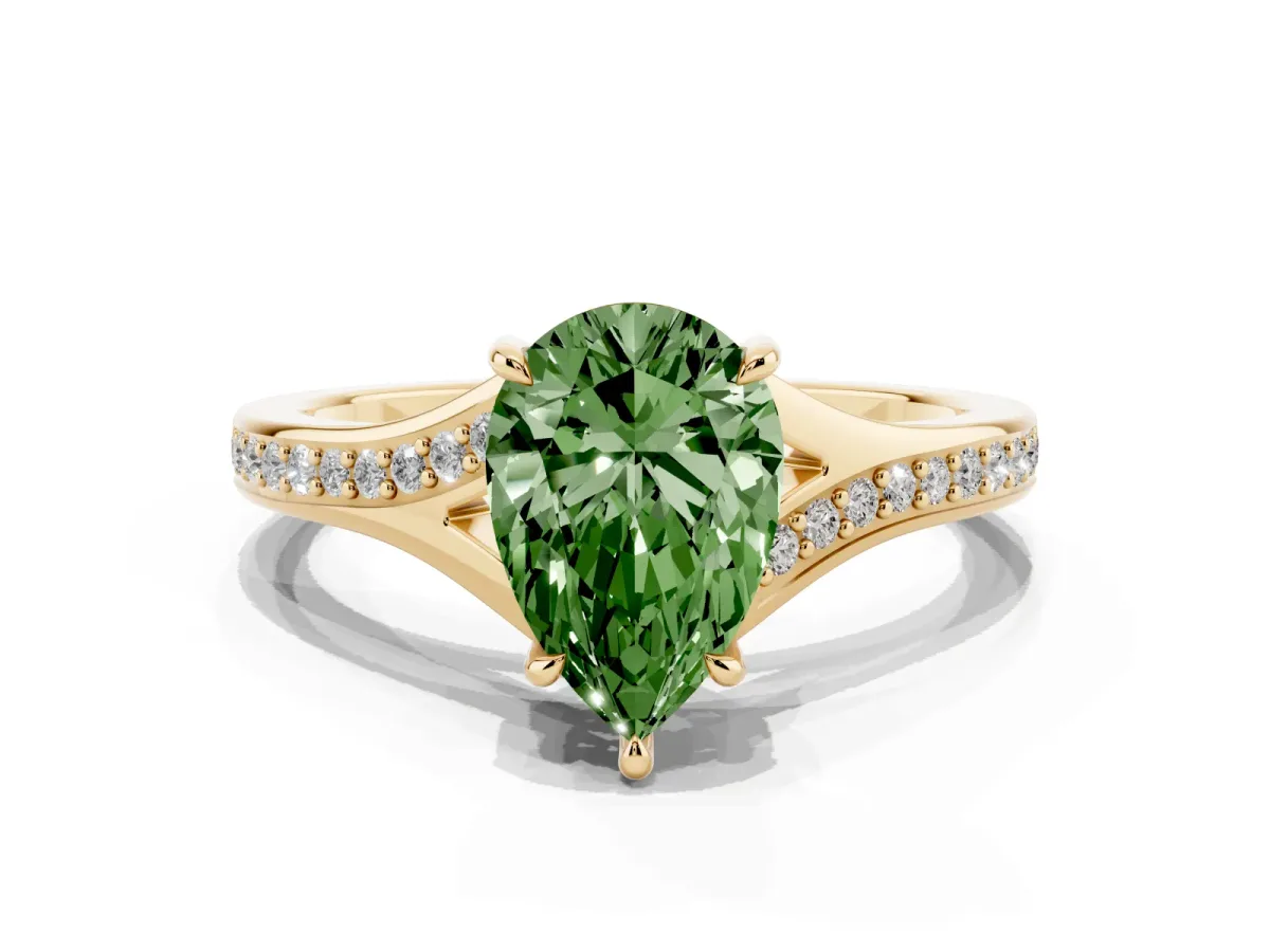 Fancy Green Pear Cut Diamond Solitaire Ring with Pavé Band and Prong Setting Yellow gold