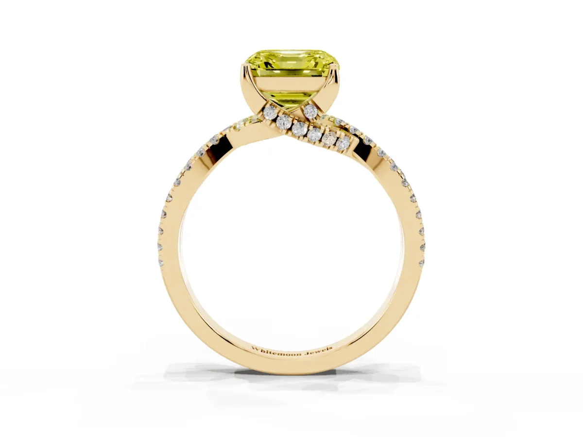 Fancy Yellow Asscher Cut Solitaire Twist Pave Diamond Engagement Ring with Prong Setting Yellow gold