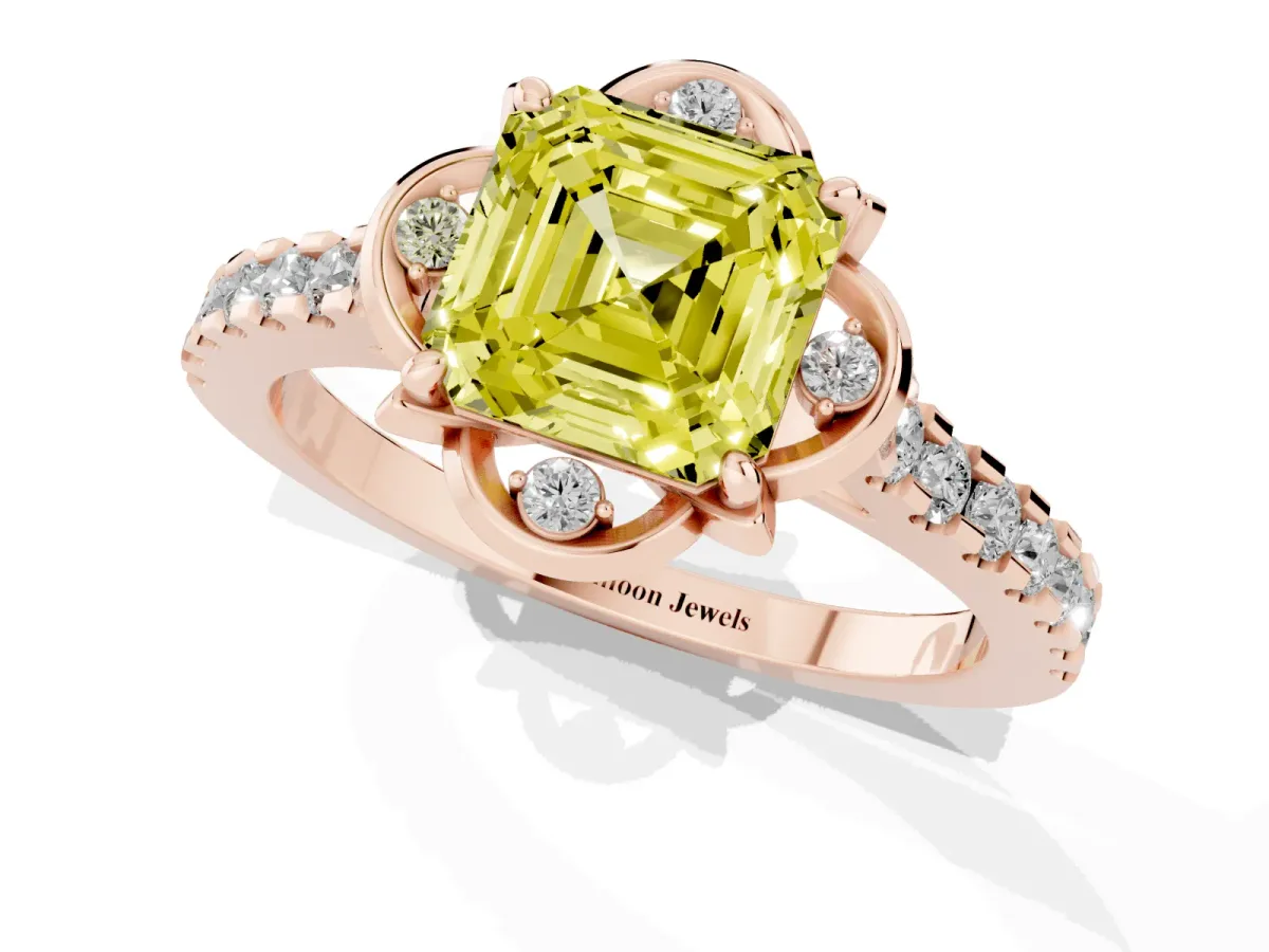 Fancy Yellow Asscher Cut Diamond Ring with Pavé Band and Floral Prong Setting Rose gold