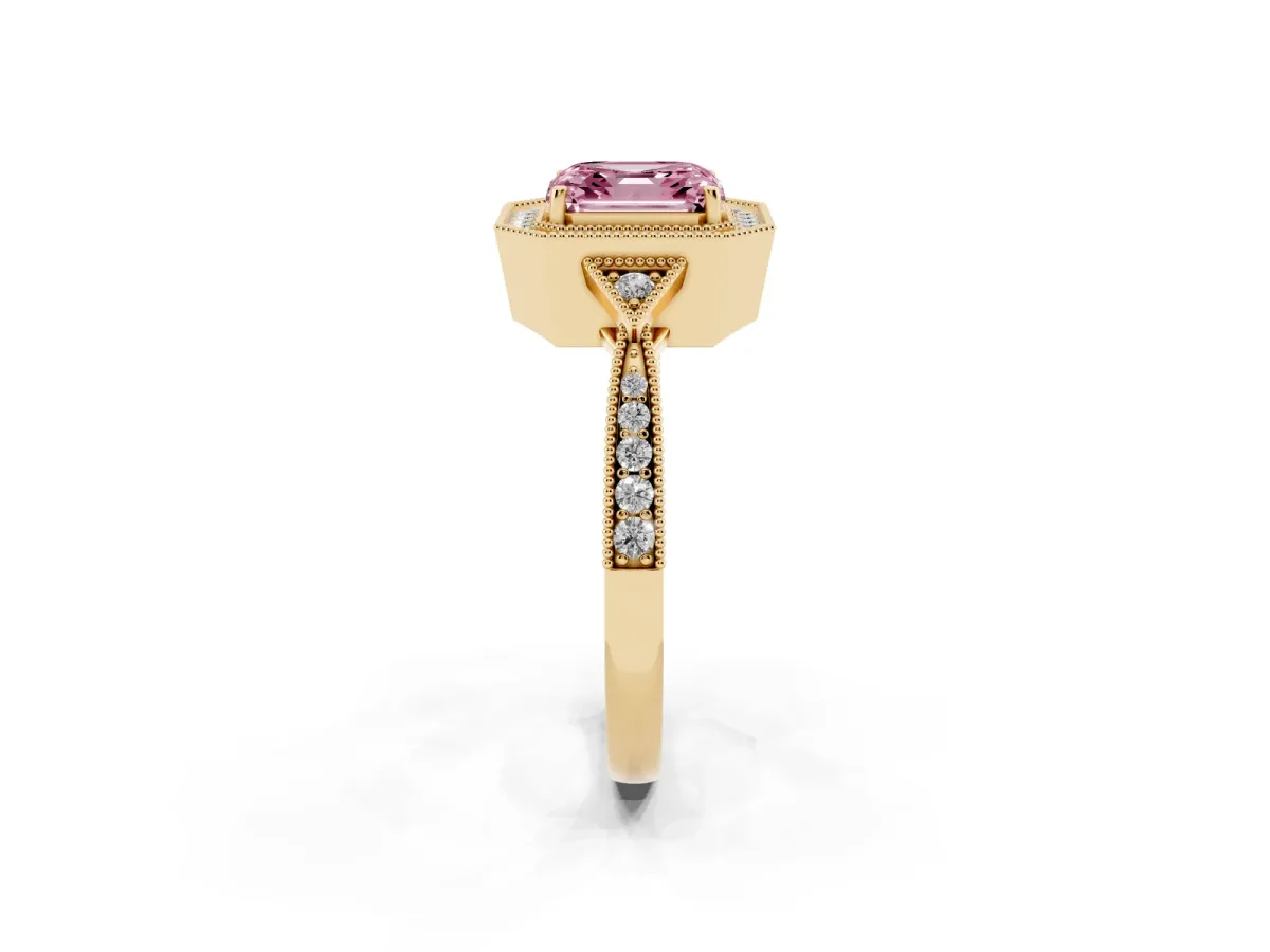 Fancy Pink Asscher Cut Halo Round Diamond Milgrain Pave Engagement Ring Yellow gold