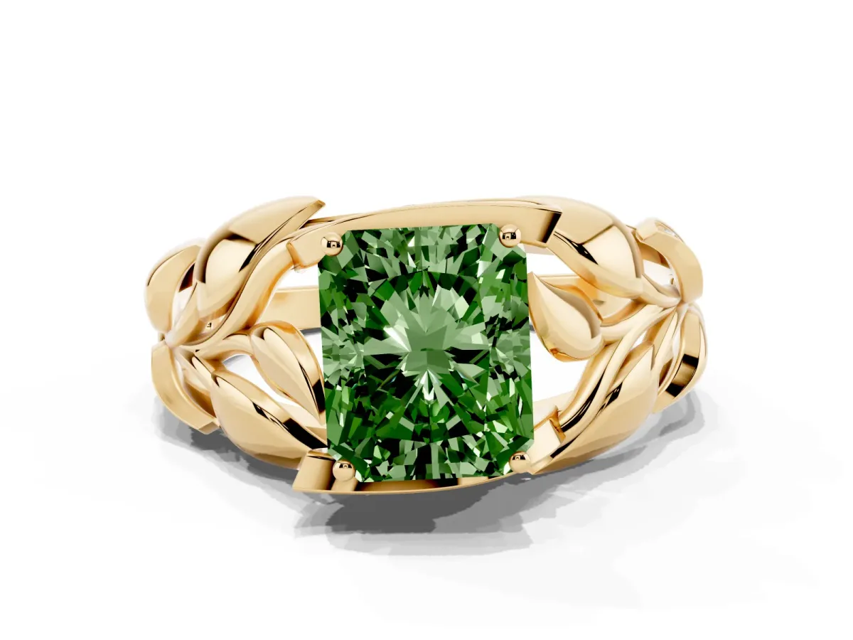 Fancy Green Radiant Cut Diamond Leaf-Inspired Engagement Ring with Round Accents and Prong Setting Yellow gold
