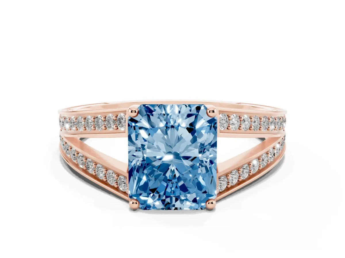 Fancy Blue Radiant Cut Diamond Split Shank Ring with Pavé Band and Four-Prong Setting Rose gold
