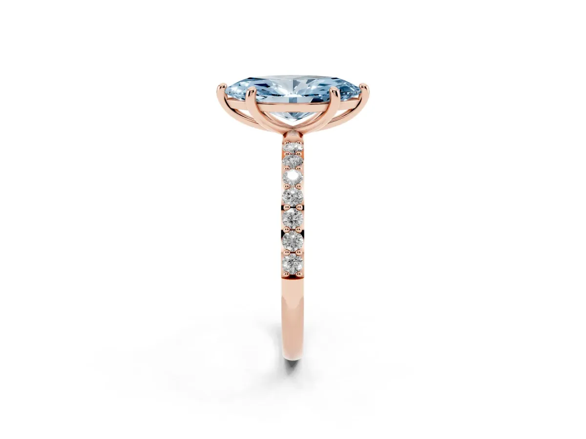 Fancy Blue Marquise Cut Diamond Solitaire Ring with Round Pavé Band and Prong Setting Rose gold