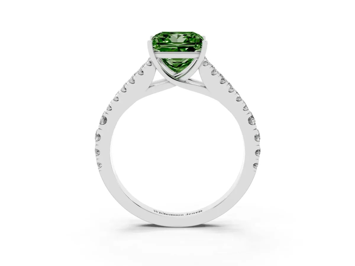 Fancy Green Princess Cut Diamond Split Shank Engagement Ring with Round Pavé and Prong Setting Silver