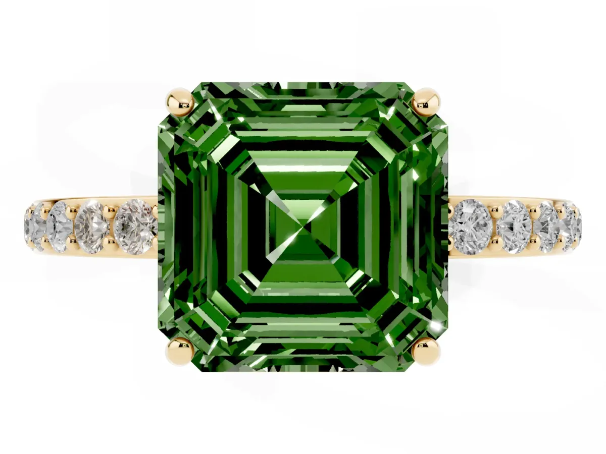 Fancy Green Asscher Cut Diamond Solitaire Ring with Round Pavé Shoulders and Prong Setting Yellow gold