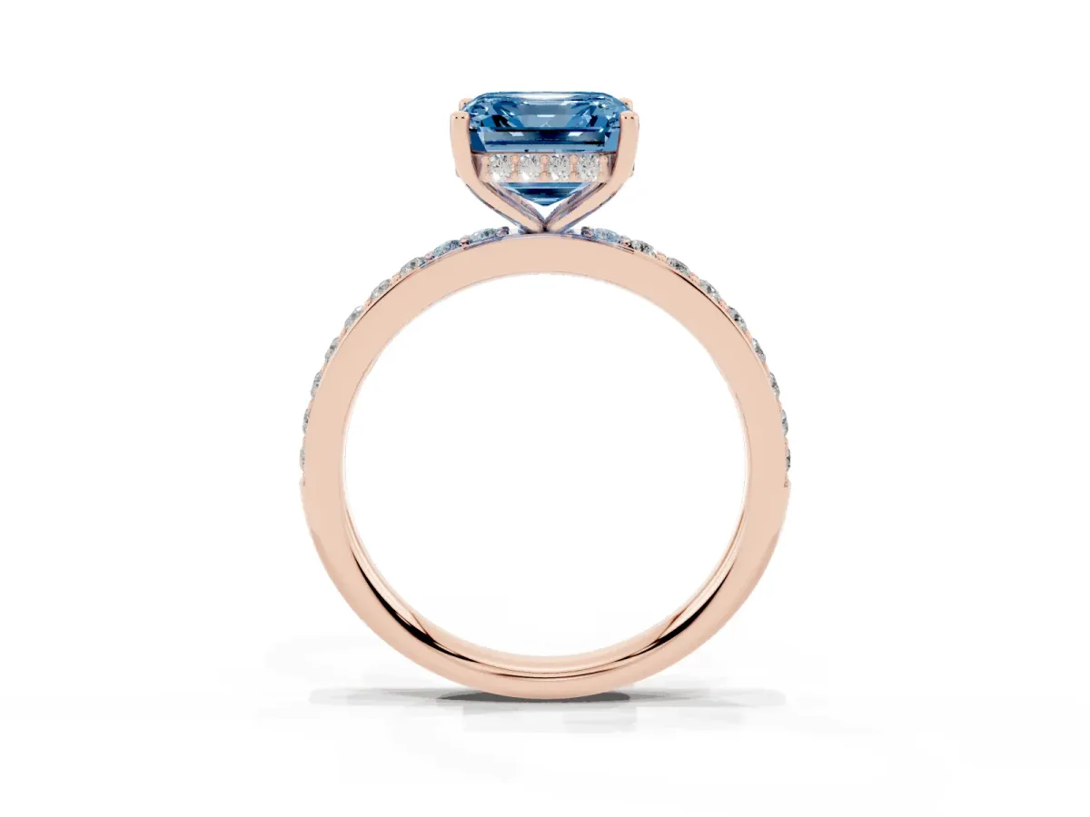 Fancy Blue Asscher Cut Cut Diamond Pavé Band Ring with Four-Prong Setting Rose gold