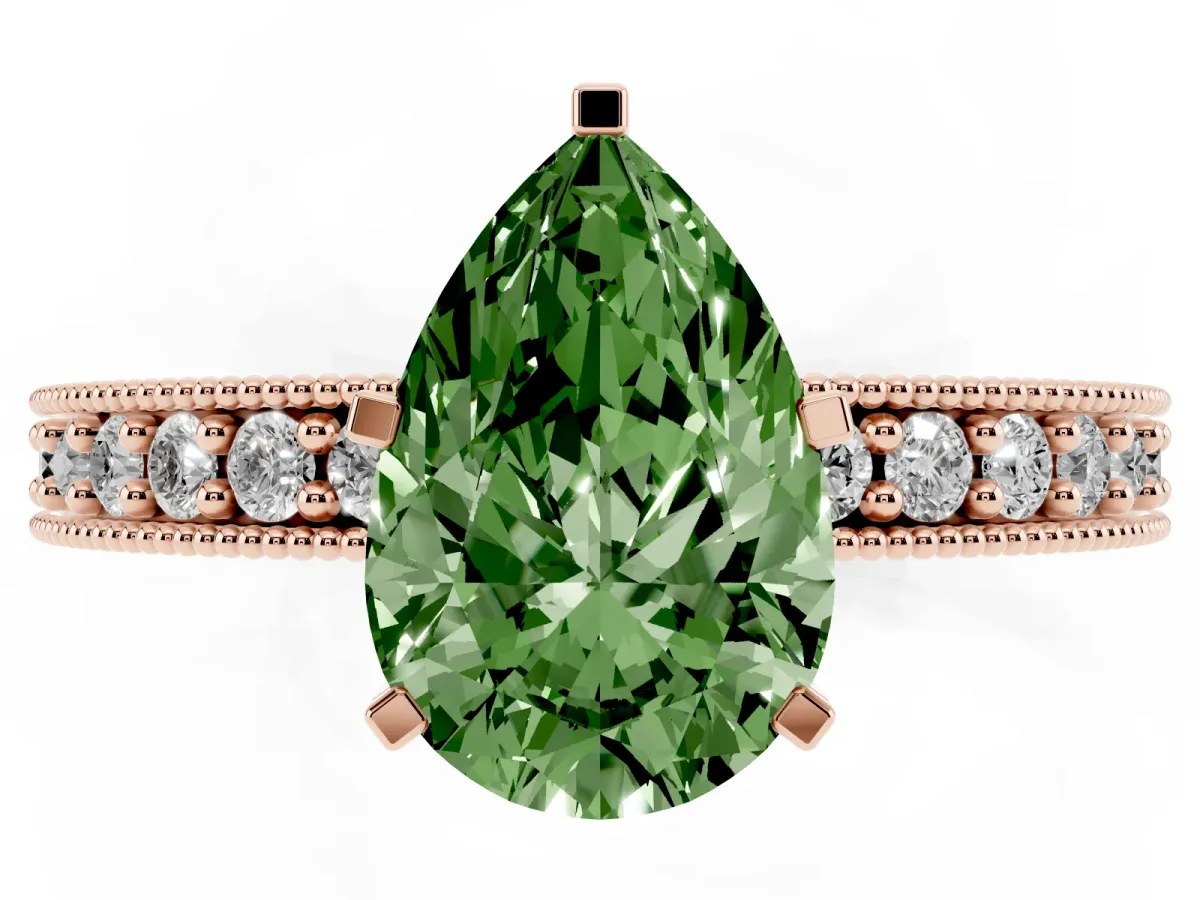 Fancy Green Pear Cut Diamond Milgrain Pavé Engagement Ring with Four-Prong Setting Rose gold
