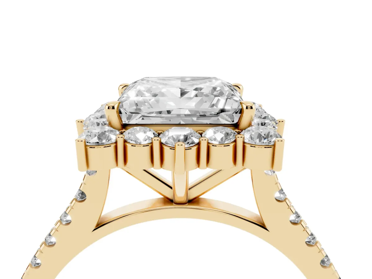 Princess Cut Halo Diamond Ring with Pavé Band and Prong Setting Yellow gold