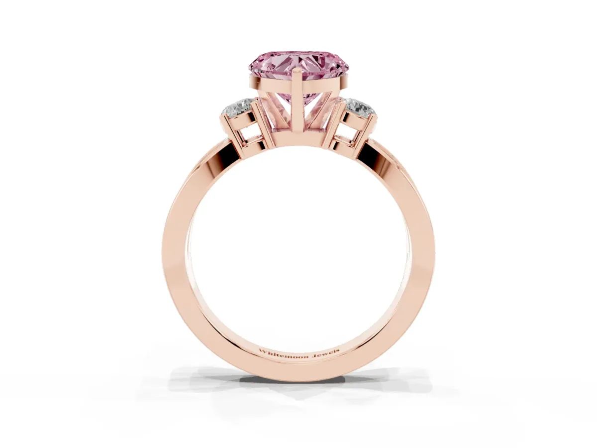 Fancy Pink Three-Stone Heart Cut Cut Diamond Twist Band with Prong Setting Rose gold