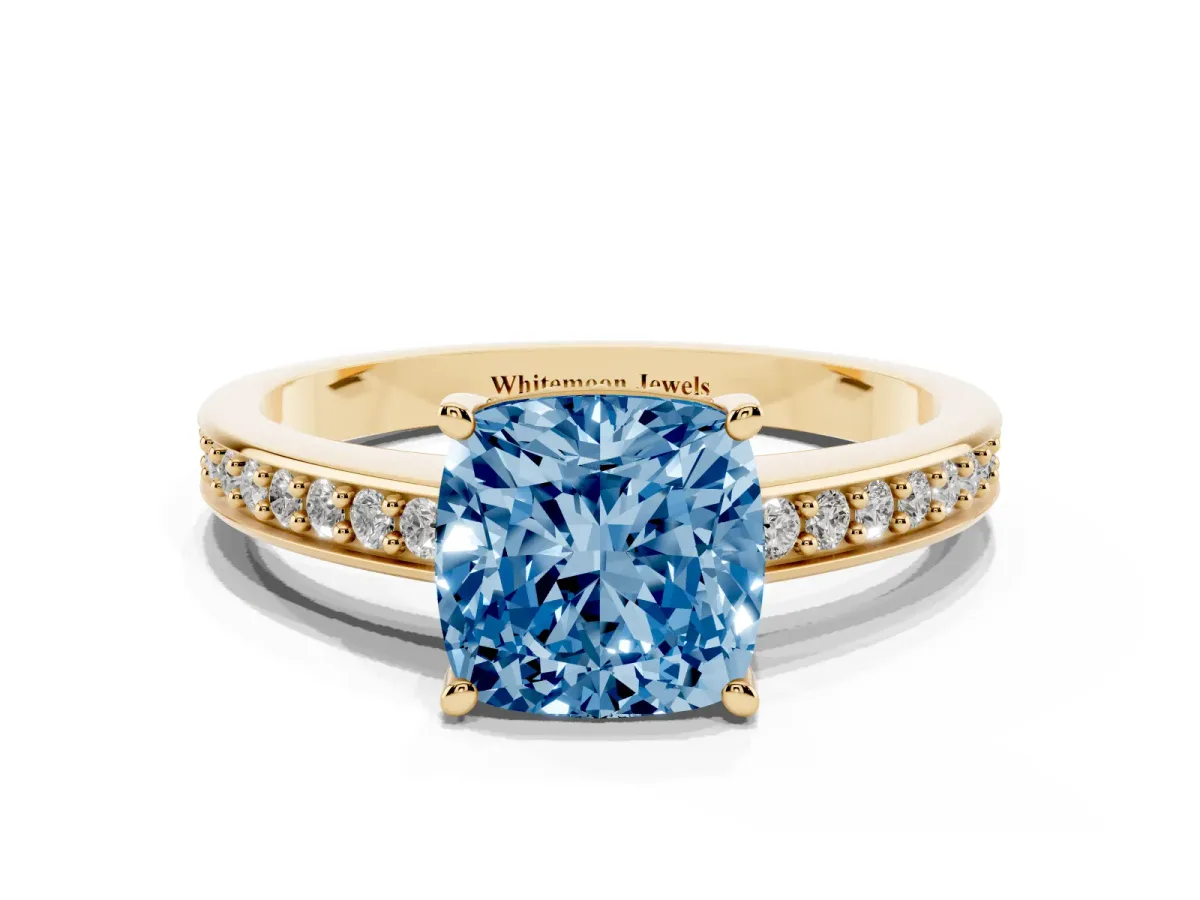 Fancy Blue Cushion Cut Solitaire Pavé Band Prong Setting Ring Yellow gold