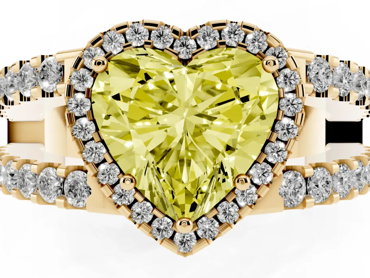 Fancy Yellow Heart Cut Cut Halo Split Shank Diamond Ring with Four-Prong Setting Yellow gold