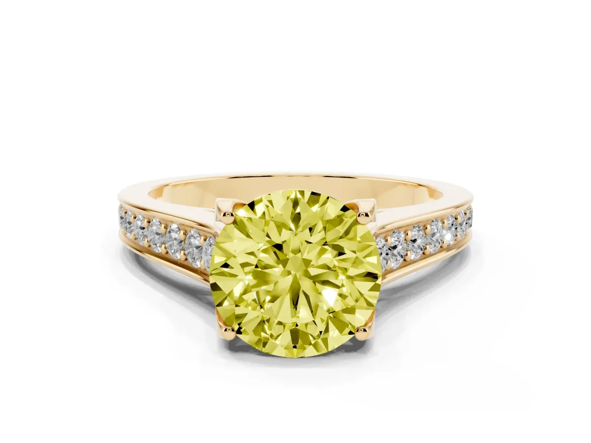 Fancy Yellow Round Cut Brilliant Cut Diamond Engagement Ring with Pavé Band and Four-Prong Setting Yellow gold