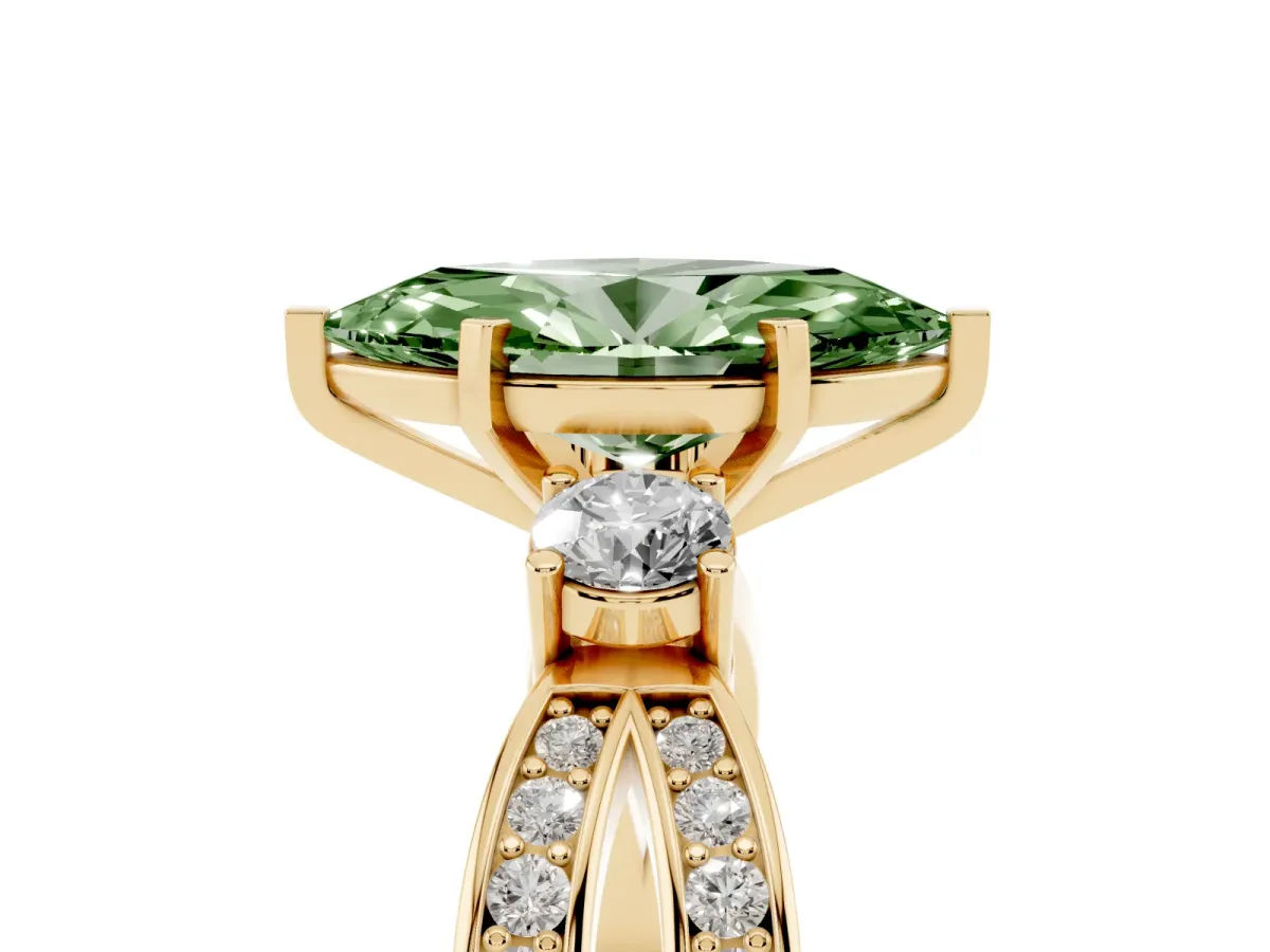 Fancy Green Three-Stone Marquise Cut Cut Diamond Twist Band with Prong Setting Yellow gold