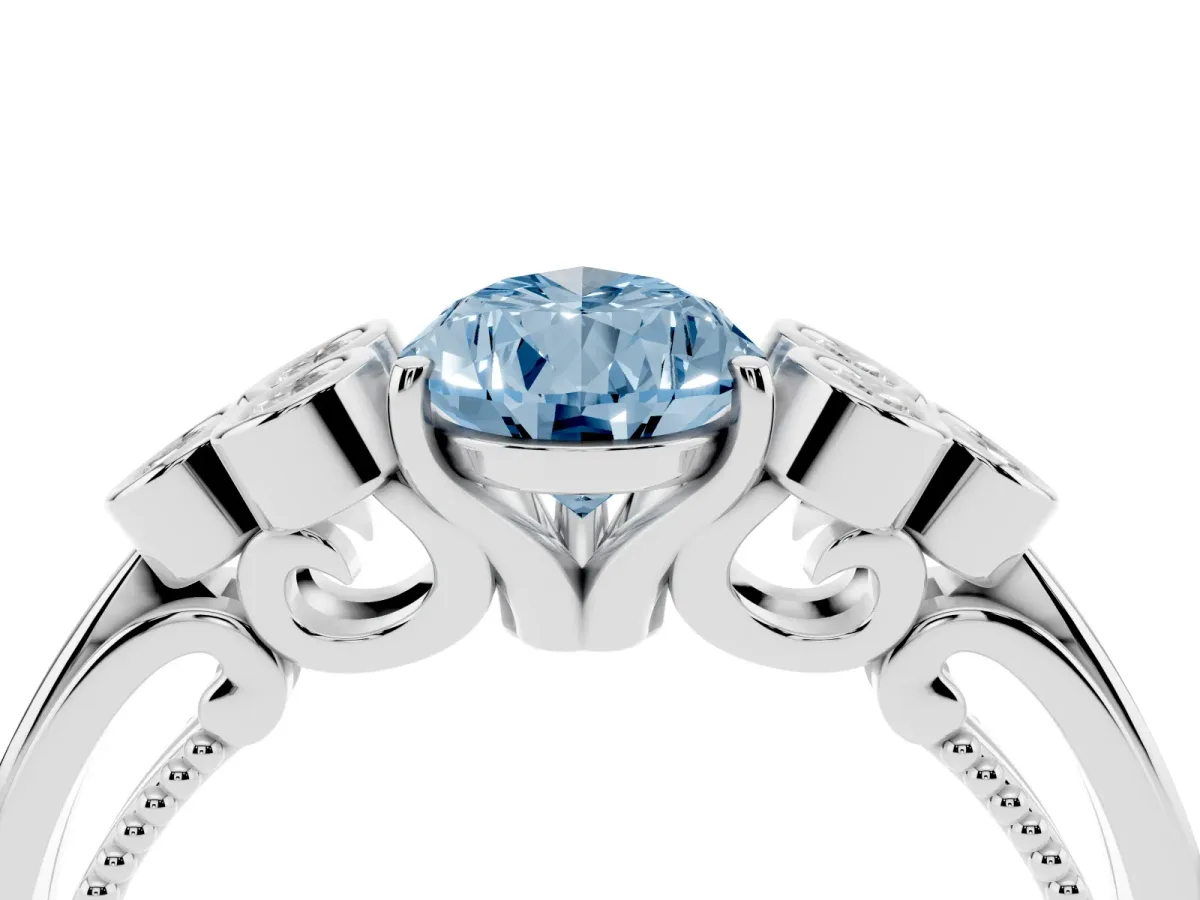 Fancy Blue Pear Cut Cut Diamond Engagement Ring with Bezel Set Round Side Stones and Prong Setting Silver