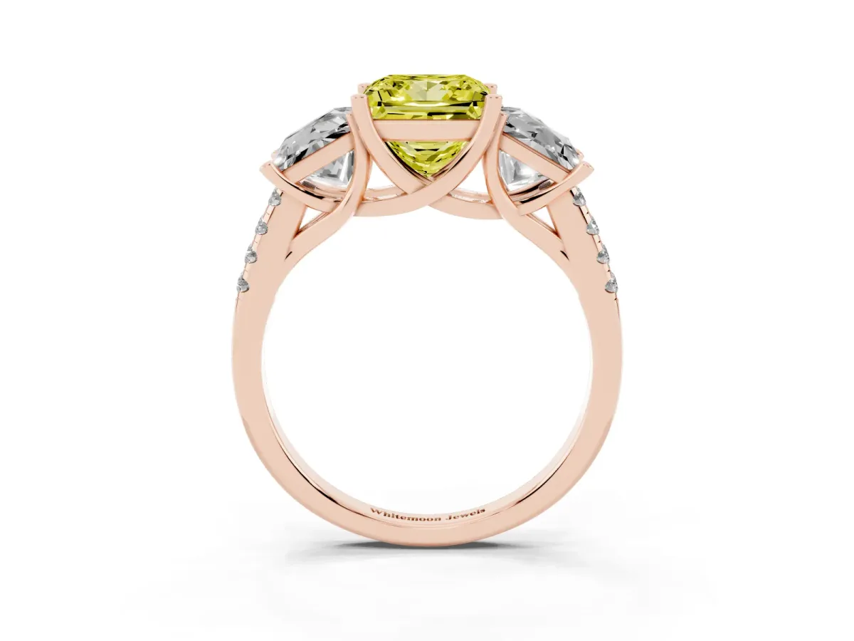 Fancy Yellow Three-Stone Princess Cut Diamond Ring with Round Pavé Band and Prong Setting Rose gold