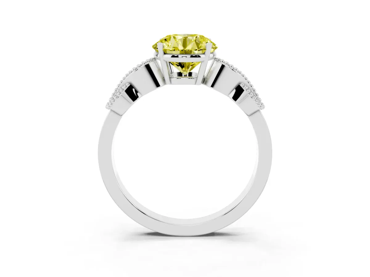 Fancy Yellow Round Cut Solitaire Milgrain Leaf Band with Prong Setting White gold