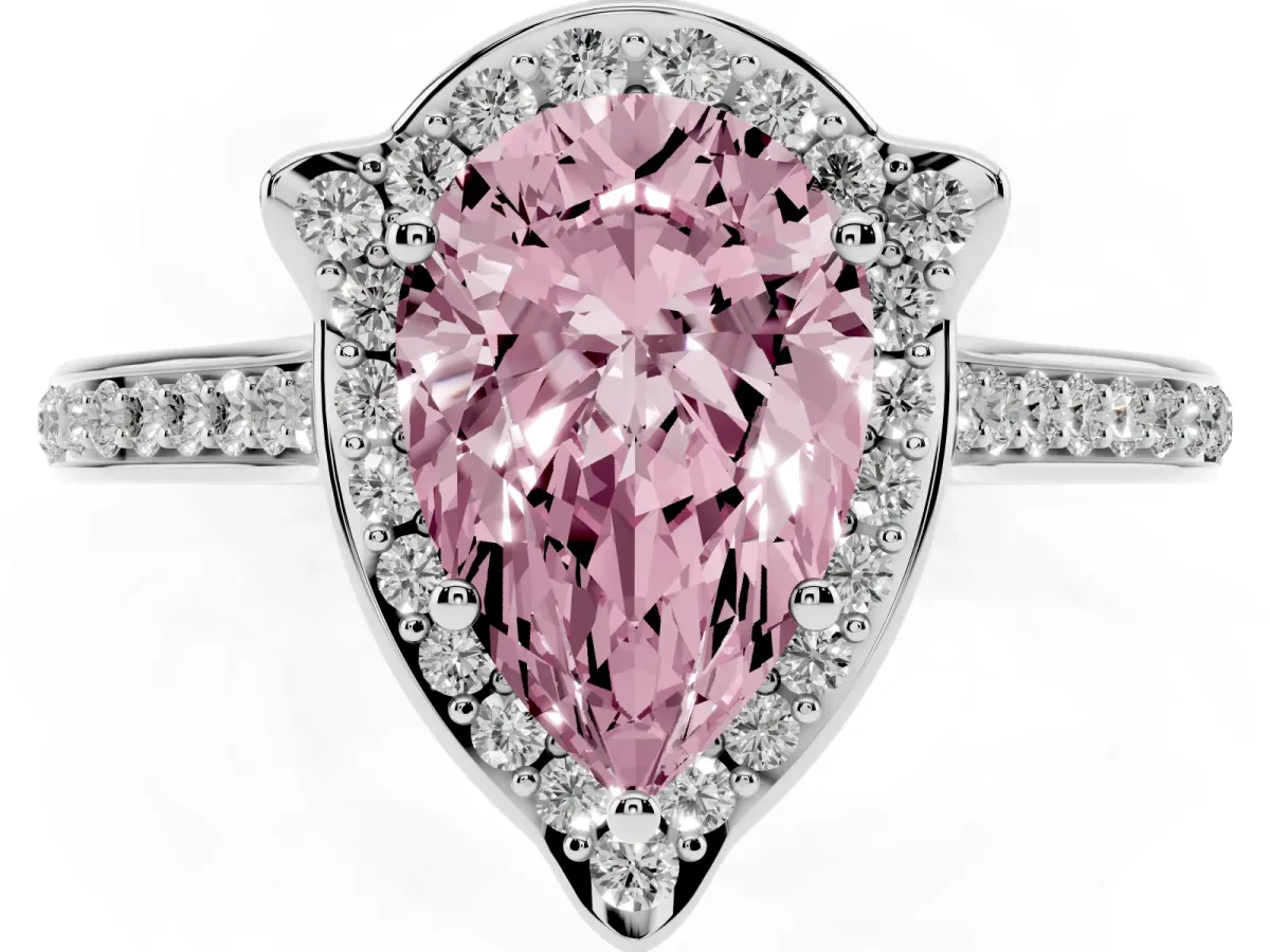 Fancy Pink Pear Cut Halo Round Diamond Pave Band with Four-Prong Setting White gold