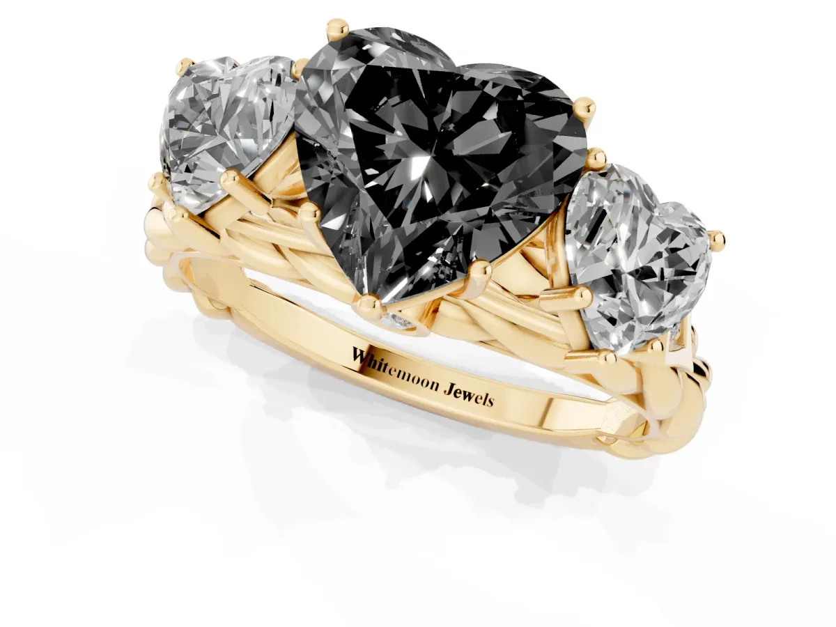 Fancy Black Three-Stone Heart Cut Diamond Braided Band Ring with Four-Prong Setting Yellow gold