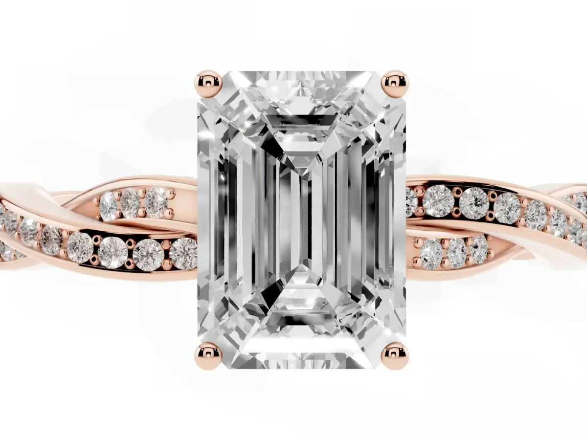 Emerald Cut Solitaire Twisted Pave Diamond Ring with Four-Prong Setting Rose gold