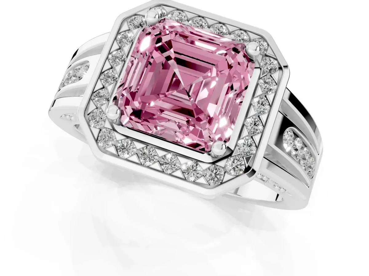 Fancy Pink Asscher Cut Diamond Halo Ring with Split Shank and Bezel Accents and Prong Setting Silver