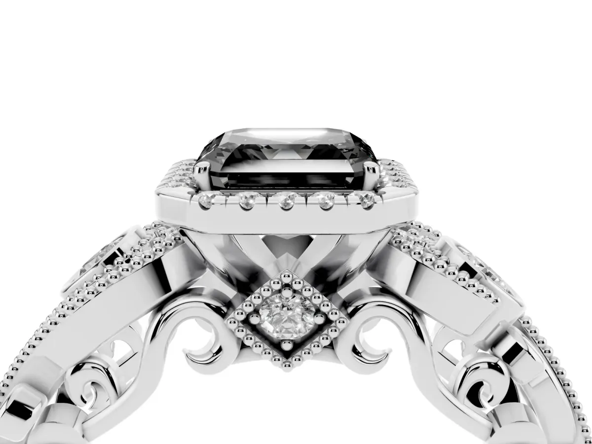 Fancy Black Asscher Cut Halo Diamond Ring with Milgrain and Bezel Accents on a Split Shank Band Platinum
