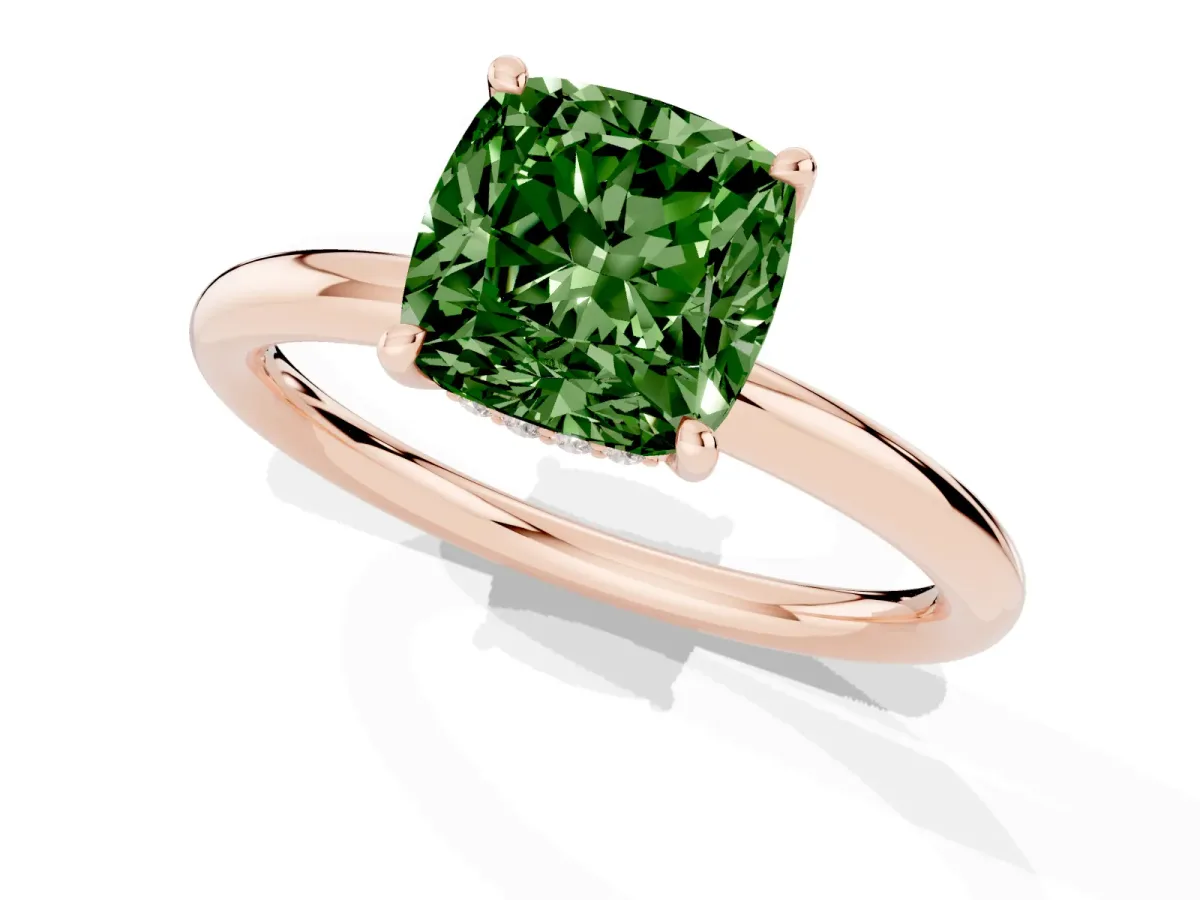 Fancy Green Cushion Cut Diamond Solitaire Ring with Thin Band and Four-Prong Setting Rose gold