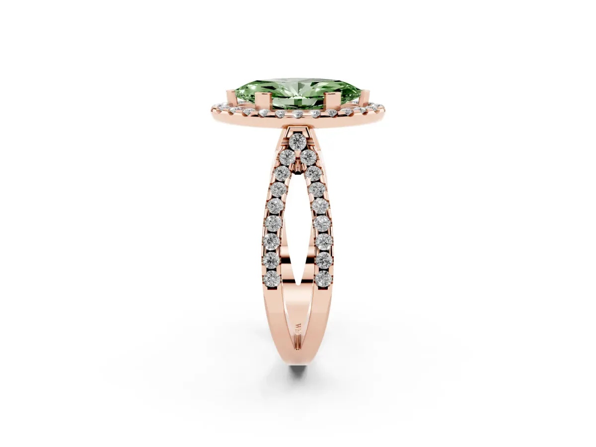 Fancy Green Marquise Cut Diamond Halo Ring with Split Shank Pavé Band and Prong Setting Rose gold