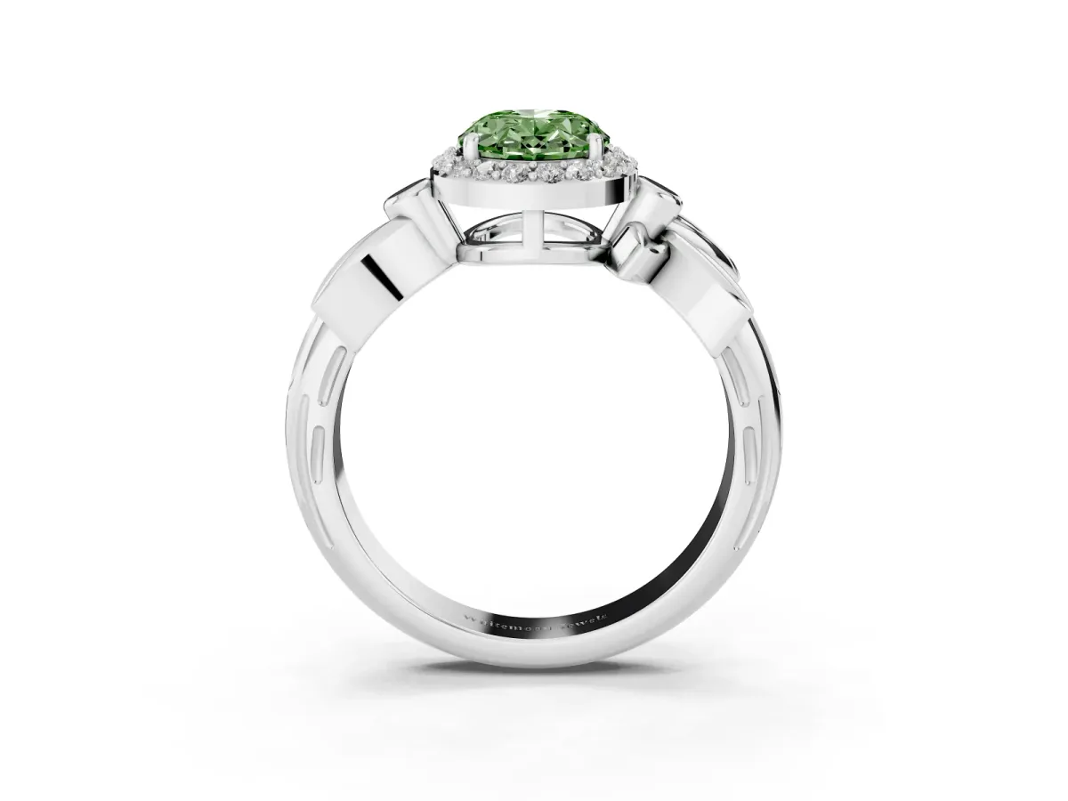 Fancy Green Oval Cut Halo Diamond Floral Band with Four-Prong Setting White gold