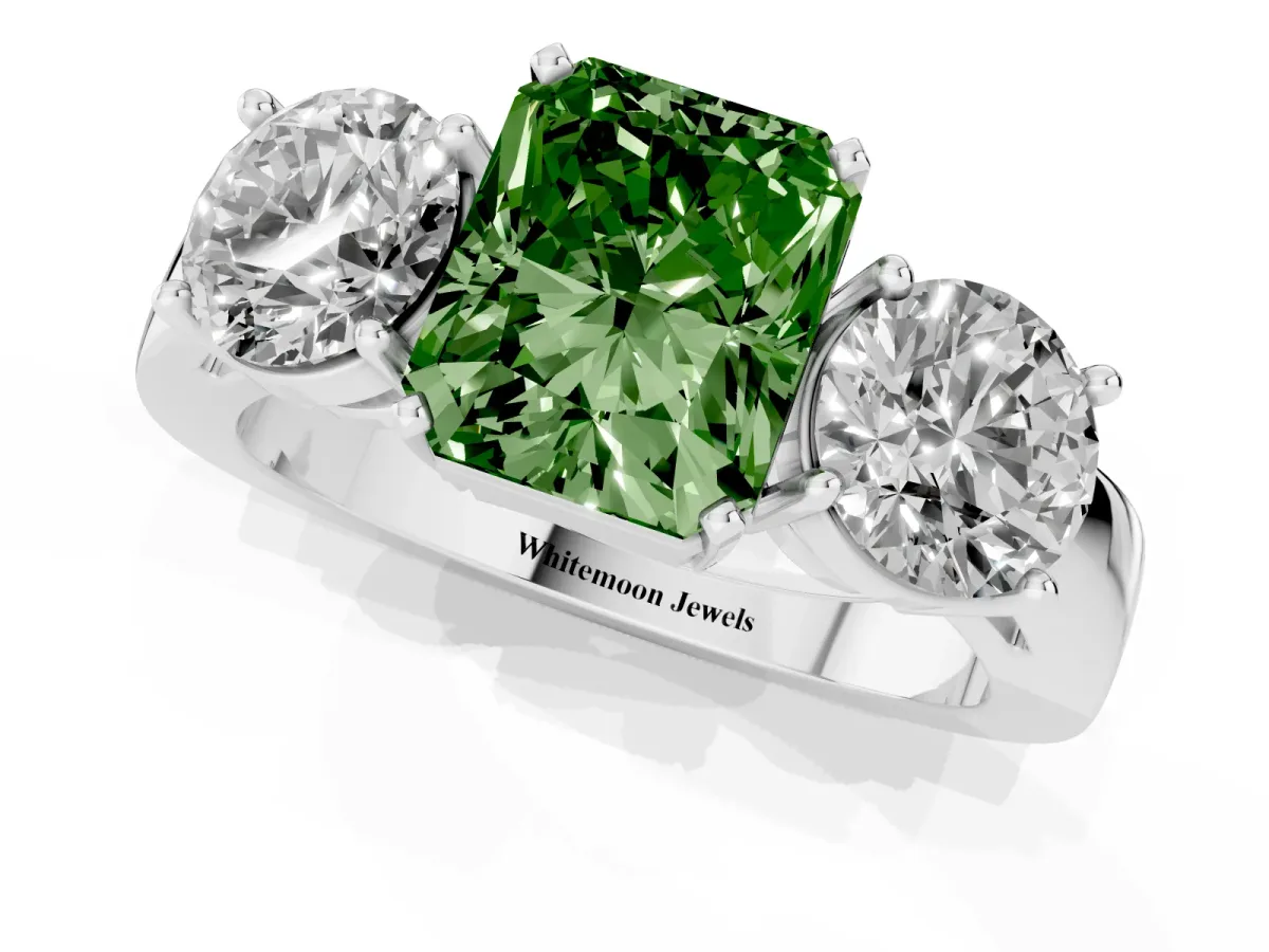 Fancy Green Three-Stone Radiant Cut Diamond Ring with Round Side Stones, Classic Band, and Four-Prong Setting White gold