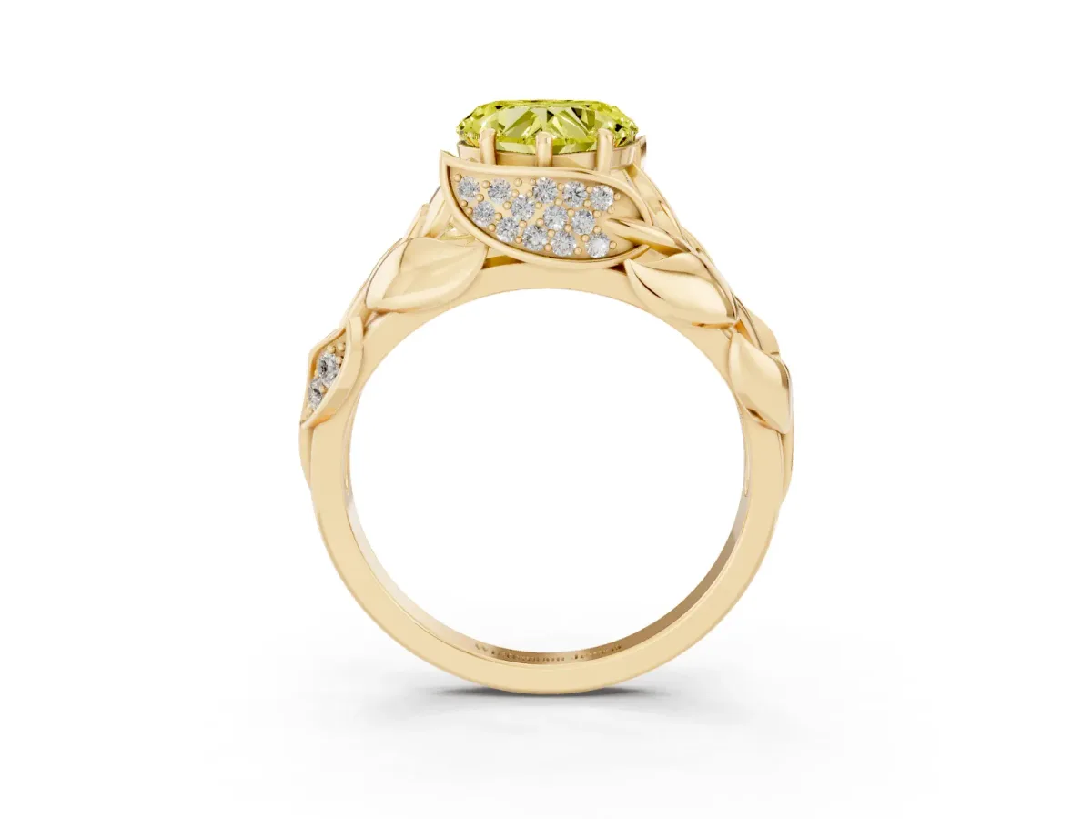 Fancy Yellow Heart Cut Diamond Leaf-Inspired Engagement Ring with Round Accents and Prong Setting Yellow gold
