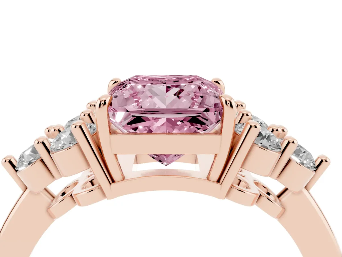 Fancy Pink Princess Cut Brilliant Diamond Cluster Accent Solitaire Ring with Prong Setting Rose gold