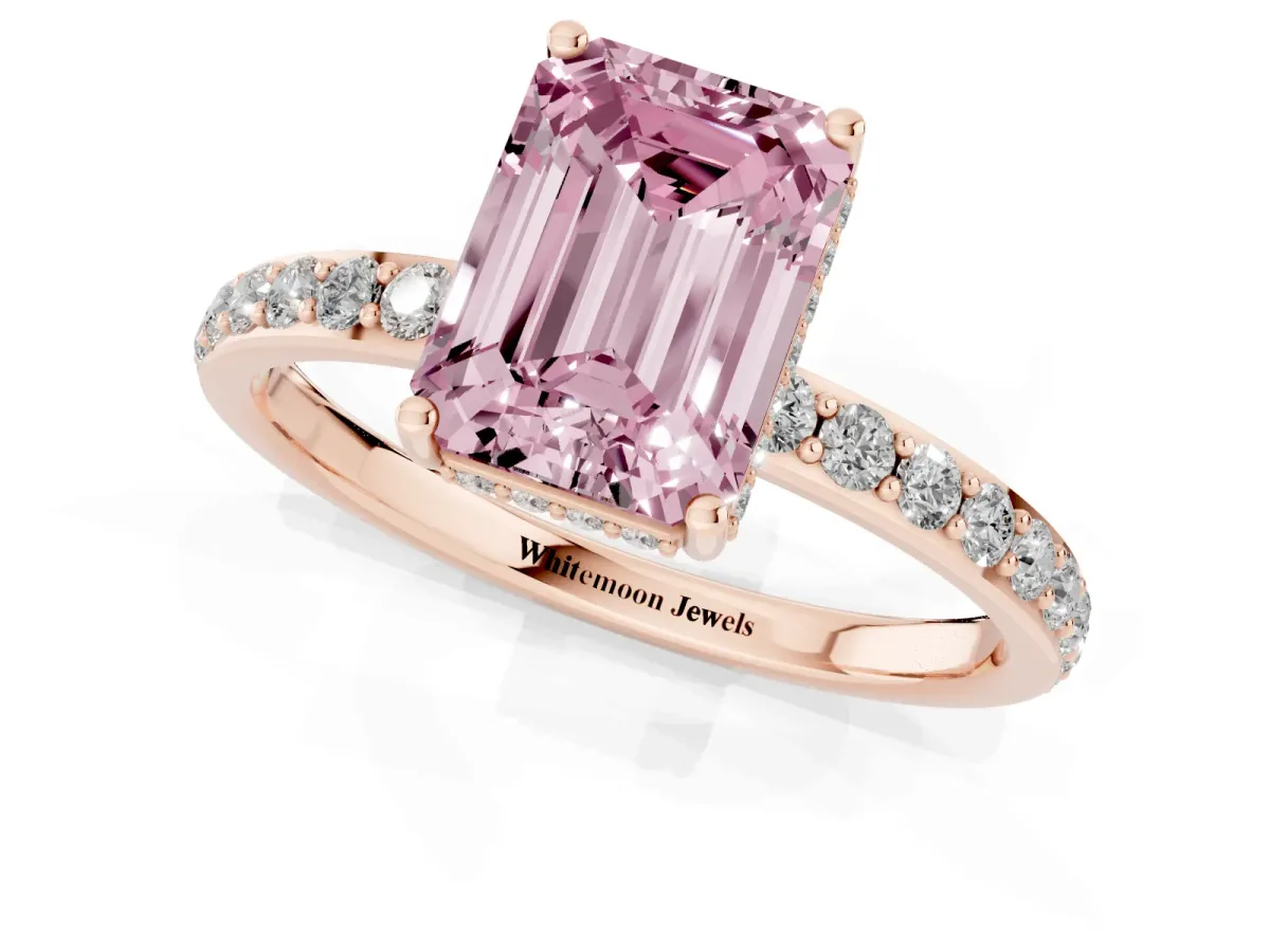 Fancy Pink Emerald Cut Diamond Solitaire Ring with Pavé Band and Hidden Halo Rose gold