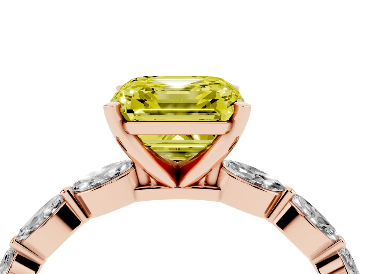 Fancy Yellow Asscher Cut Diamond Ring with Marquise Side Stones and Prong Setting Rose gold