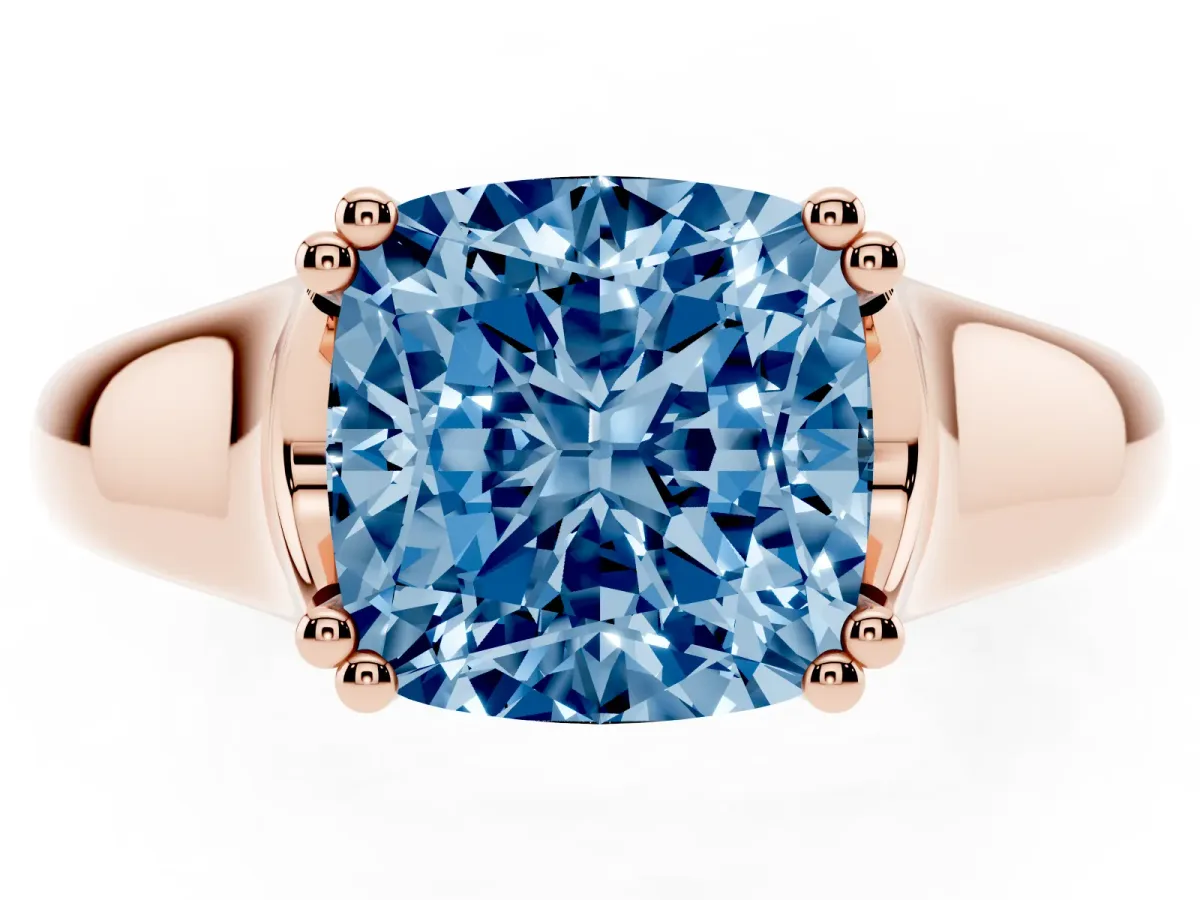 Fancy Blue Cushion Cut Diamond Solitaire Ring with Wide Band and Prong Setting Rose gold