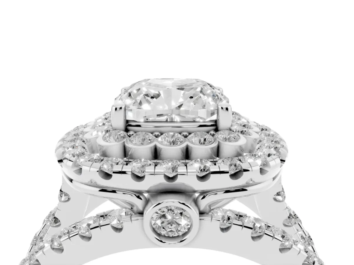 Cushion Cut Diamond Double Halo Ring with Round Pavé Split Shank and Prong Setting Silver